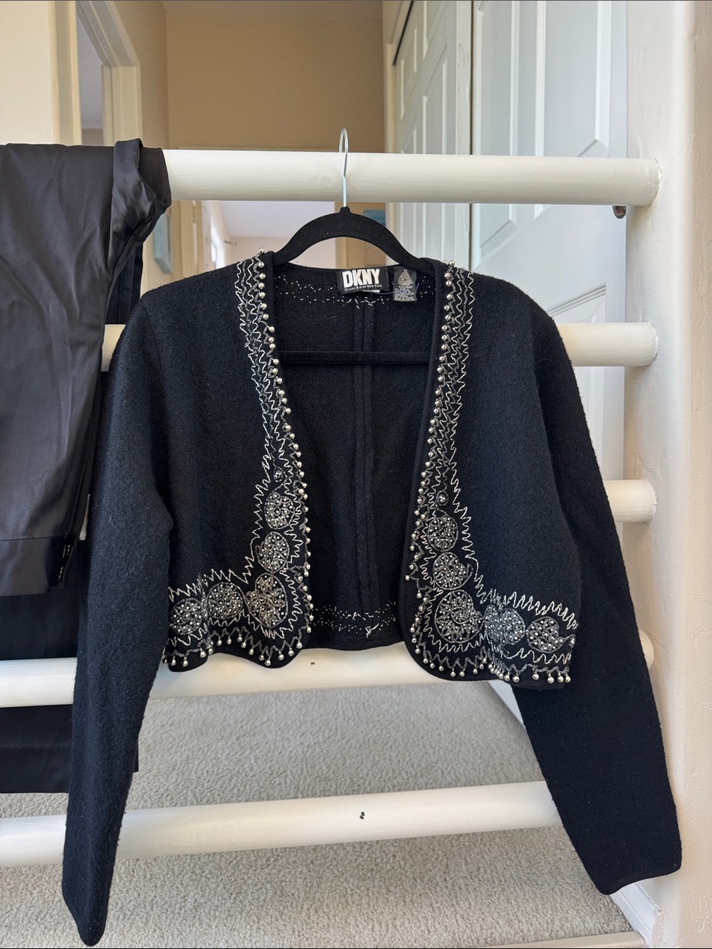 DKNY Black Cropped Cardigan with Silver Bell Embellishments